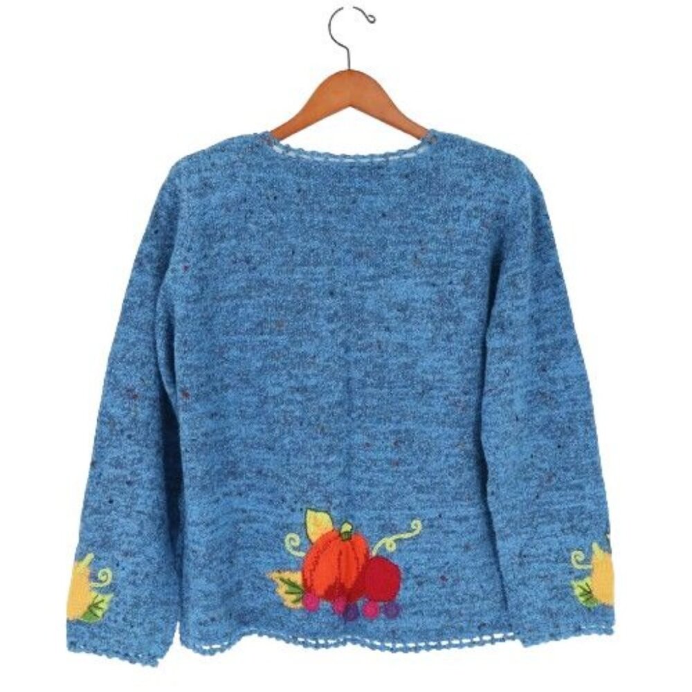New Design Options Fall Thanksgiving Cornucopia Blue Cardigan Sweater M - Picture 5 of 5